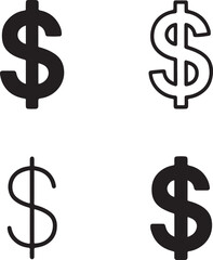 Isolated Dollar Sign black vector icon set, dollar sign icons, electronic money finance currency payment design, solid black outline filled minimal thin stroke, financial symbols digital payment