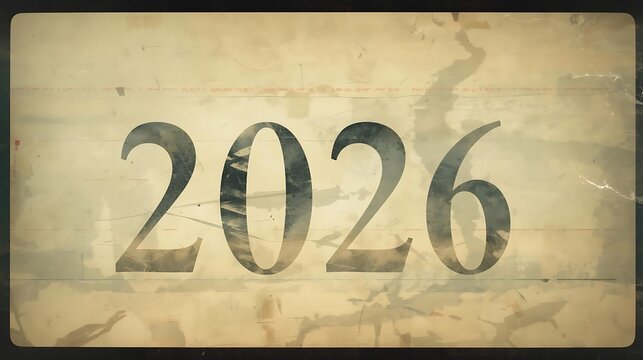 Distressed sign displays the year 2026 in a bold vintage inspired typographic style