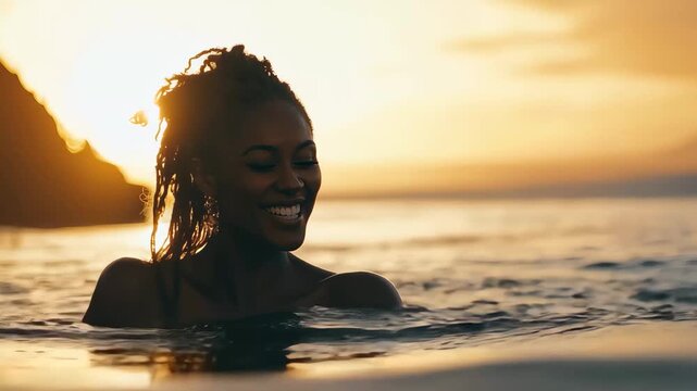Couple splashing in warm ocean water during sunset, sharing joyful moments and laughter. The vibrant colors of the sky create a romantic atmosphere.