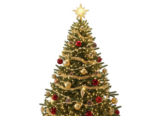 Fototapeta premium Festive christmas tree adorned with star, lights, and ornaments isolated on transparent background