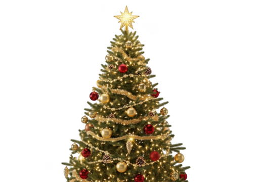 Festive christmas tree adorned with star, lights, and ornaments isolated on transparent background