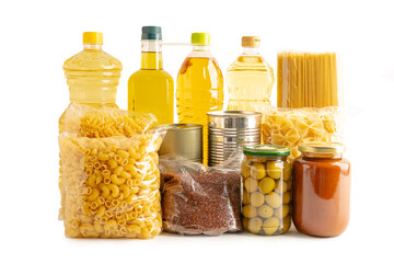 Foodstuff for donation isolated on white background with clipping path.