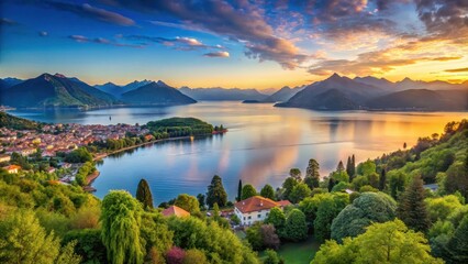 Panorama of Lake Maggiore at sunset with surrounding mountains and lush greenery