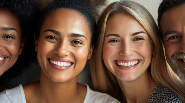 A diverse group of four friends poses together, smiling happily in a relaxed indoor environment during their weekend get together