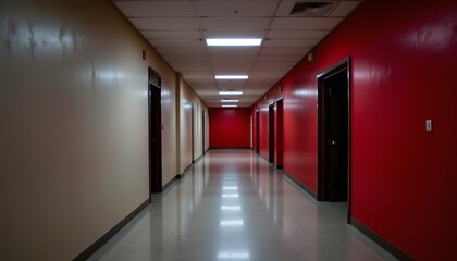 Empty Hallway with Red and Beige Walls and Fluorescent Lighting in Contemporary Building