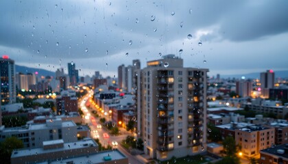 Naklejka premium Rain Droplets on Window Overlooking City Skyline at Night with Lights and Cloudy Sky