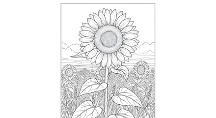 Detailed Line Art Illustration of a Serene Sunflower Field Landscape Ready for Creative Coloring and Relaxation Activities