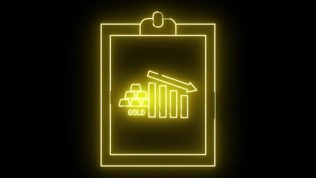 Neon sign of gold bars graph and downward arrow on a clipboard