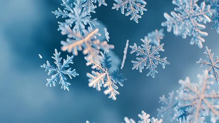 A stunning macro view of intricate, crystalline snowflakes falling against a soft, blurred blue background. - Powered by Adobe