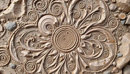 Intricate Ornamental Design Carved into Natural Stone with Swirling Patterns and Earthy Tones