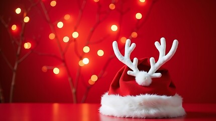Santa Hat with Antlers and Tree Lights on Red Background for Cozy Holiday Decor