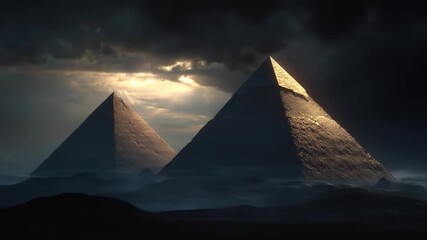 Two colossal pyramids loom through swirling mist under a stormy sky, briefly lit by distant sunrise! - Powered by Adobe