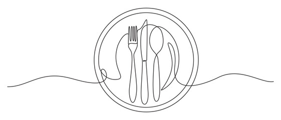 Continuous Line Art of Dinner Plate and Cutlery,Continuous Line Art of Plate with Spoon and Fork,Continuous Line Drawing of Plate, Fork, and Knife,Minimalist One Line Art of Fork, Knife, and Spoon,