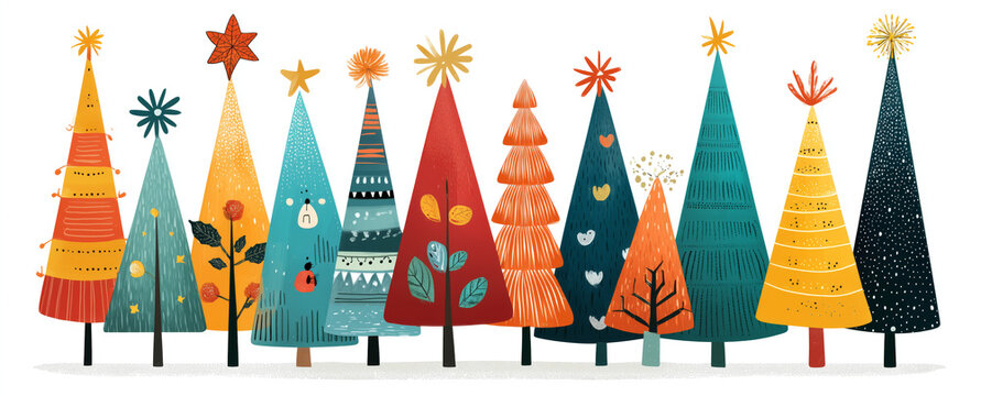 Colorful Whimsical Christmas Trees Form a Festive Seasonal Decorative Pattern