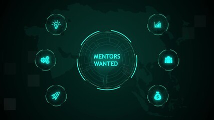 Mentors Wanted, Hologram Futuristic Interface. Business, Technology, Internet and network concept. Digital world map technology background.