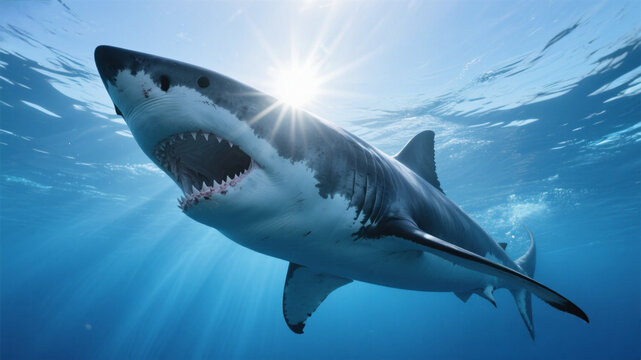 Great White Shark with Jaws Open Against Sunburst