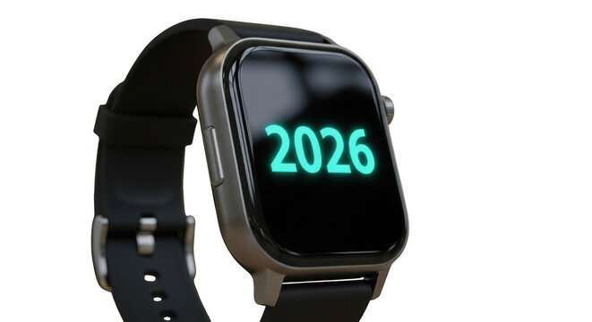 Digital watch showing the year 2026 isolated on transparent background