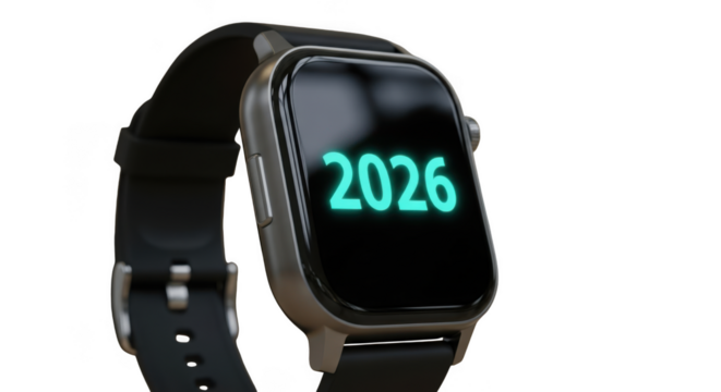 Digital watch showing the year 2026 isolated on transparent background - Powered by Adobe