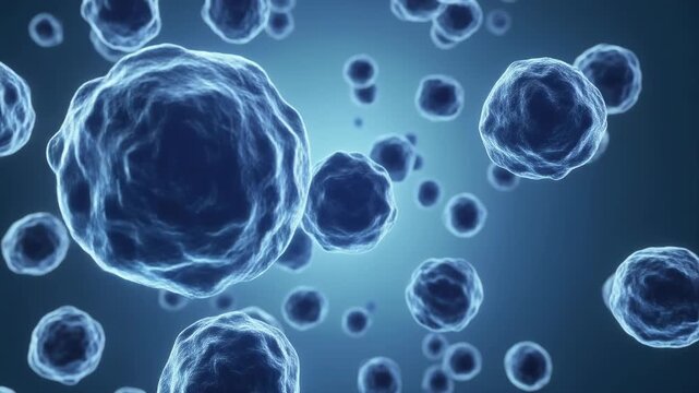 Microscopic View of Undifferentiated Human Stem Cells Floating in Blue Medium