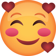 Orange emoji with blushing cheeks and hearts floating around it signifying love and affection against a transparent background