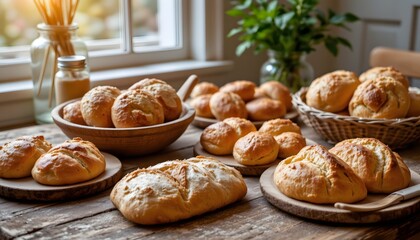 Assorted Freshly Baked Bread on Wooden Table Surrounded by Natural Light and Greenery