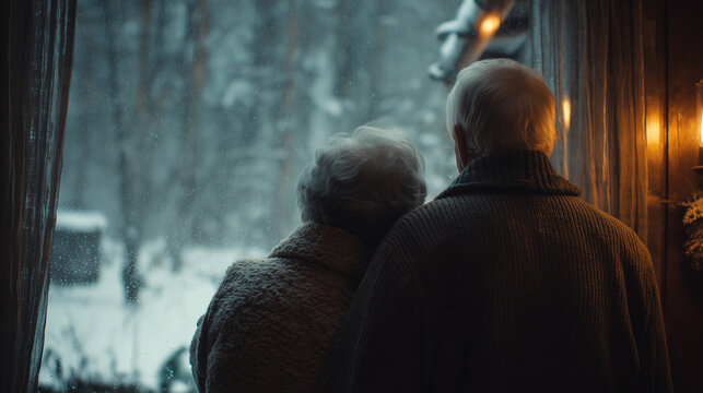 Elderly couple standing by a frosted window, looking out at a snowy winter landscape, enjoying peace and togetherness. Senior couple looking outside, winter season, snowy landscape.