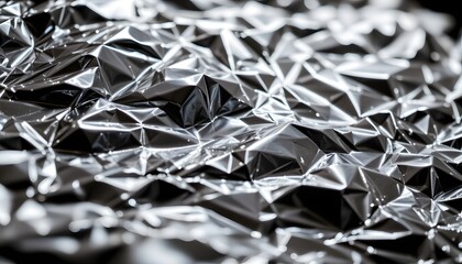 Close-Up View of Crumpled Metallic Texture with Shiny Reflective Surface and Geometric Patterns