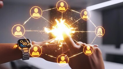 Person interacts with network. Glowing people icons connected to smartwatch on wrist. Touch-enabled. Tech interface - Powered by Adobe