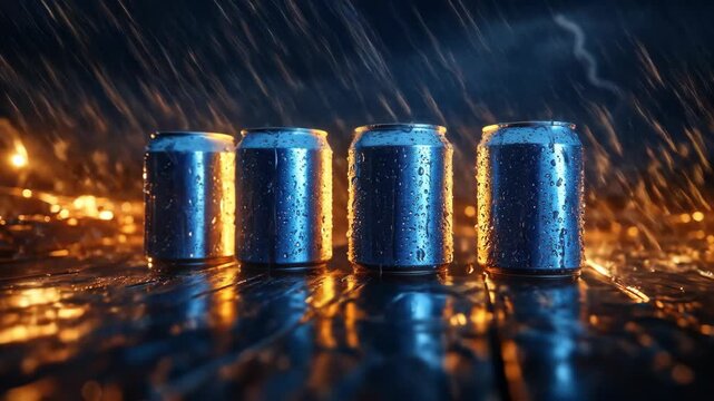 Four cold cans stand in rain with lightning strikes in background