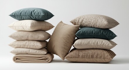 Stacks of Cozy Pillows and a Folded Blanket on White Background.