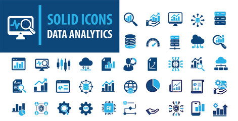 Data analysis glyph solid icons. Containing analysing, research, searching solid icons collection