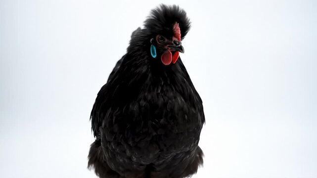 Front View of Black Silkie Chicken Looking at Camera on White Background