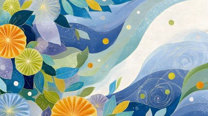 Colorful Abstract Floral Pattern with Swirls and Dynamic Shapes in Vivid Blue and Orange Tones