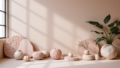 Elegant Arrangement of Soft Colored Decorative Objects and Plants on a Minimalist Surface