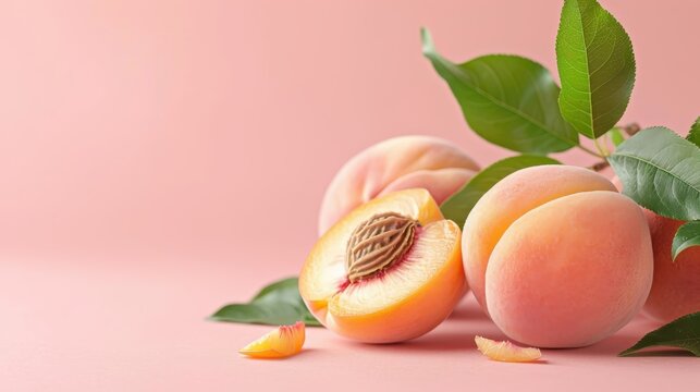 Artistic composition featuring peach cut in half with juicy flesh and pit exposed, set against a minimalistic background.