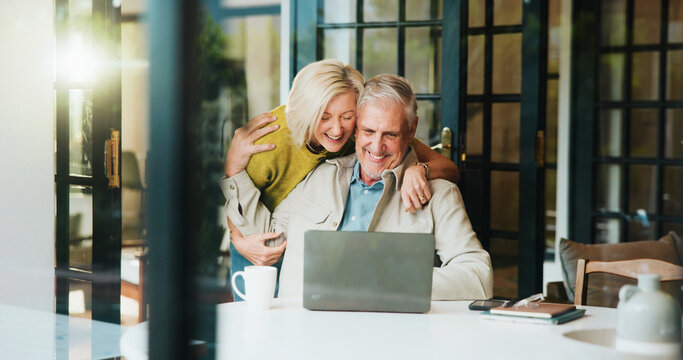 Happy, hug and senior couple with laptop, home or excited for pension fund, flare and financial plan. Online, old woman and embrace with elderly man for success, retirement and reading good news