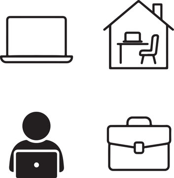 Isolated Remote Work black vector icon set, remote work icons, laptop home office freelance job design, solid black outline filled minimal thin stroke, telecommuting digital work symbols