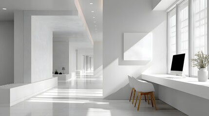 Minimalist Modern Office Workspace Bathed in Natural Sunlight with Elegant White Decor