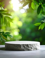Natural stone and concrete podium in Natural green background for Empty show for packaging product presentation
