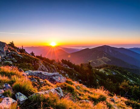 A scenic mountain range is bathed in golden light as the sun rises in a clear, gradient blue sky, casting long shadows
