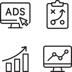 Isolated Digital Marketing black vector icon set, digital marketing icons, ads strategy growth analytics design, solid black outline filled minimal thin stroke, online business promotion symbols