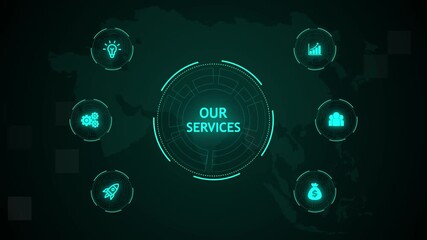 Our Services, Hologram Futuristic Interface. Business, Technology, Internet and network concept. Digital world map technology background. - Powered by Adobe