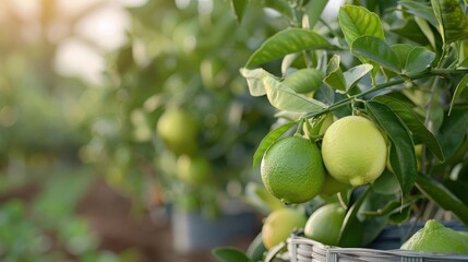 Lime orchard with rows of lime trees bearing ripe fruits, showcasing lush greenery and abundance of limes.