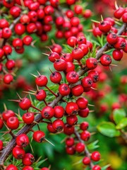 Dense thorny bush with vibrant red berries