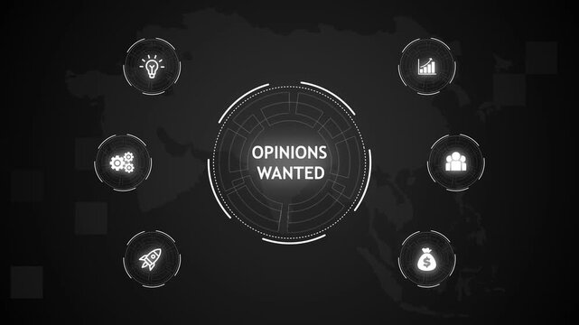 Opinions Wanted, Hologram Futuristic Interface. Business, Technology, Internet and network concept. Digital world map technology background.