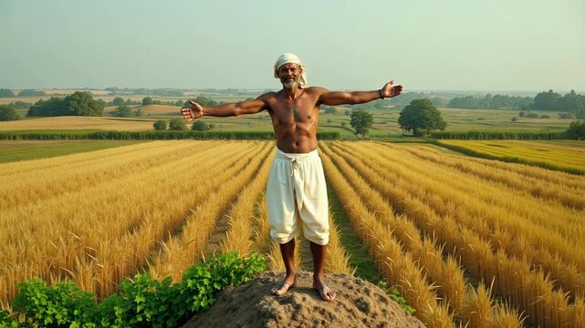 Indian farmer proudly surveys vast cultivated land from elevated viewpoint, gesturing expansively, symbolizing prosperity and achievement in 4K video.