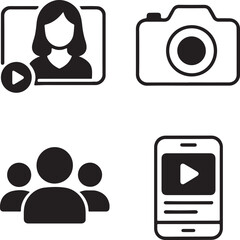 Isolated Influencer black vector icon set, influencer icons, social media camera followers content design, solid black outline filled minimal thin stroke, marketing and content symbols