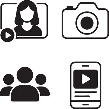 Isolated Influencer black vector icon set, influencer icons, social media camera followers content design, solid black outline filled minimal thin stroke, marketing and content symbols