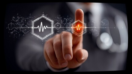 A doctor's hand interacts with a futuristic medical interface displaying a heartbeat waveform and hexagonal patterns.