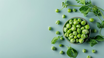 Artistic composition featuring green peas arranged in a geometric pattern on a minimalistic background.